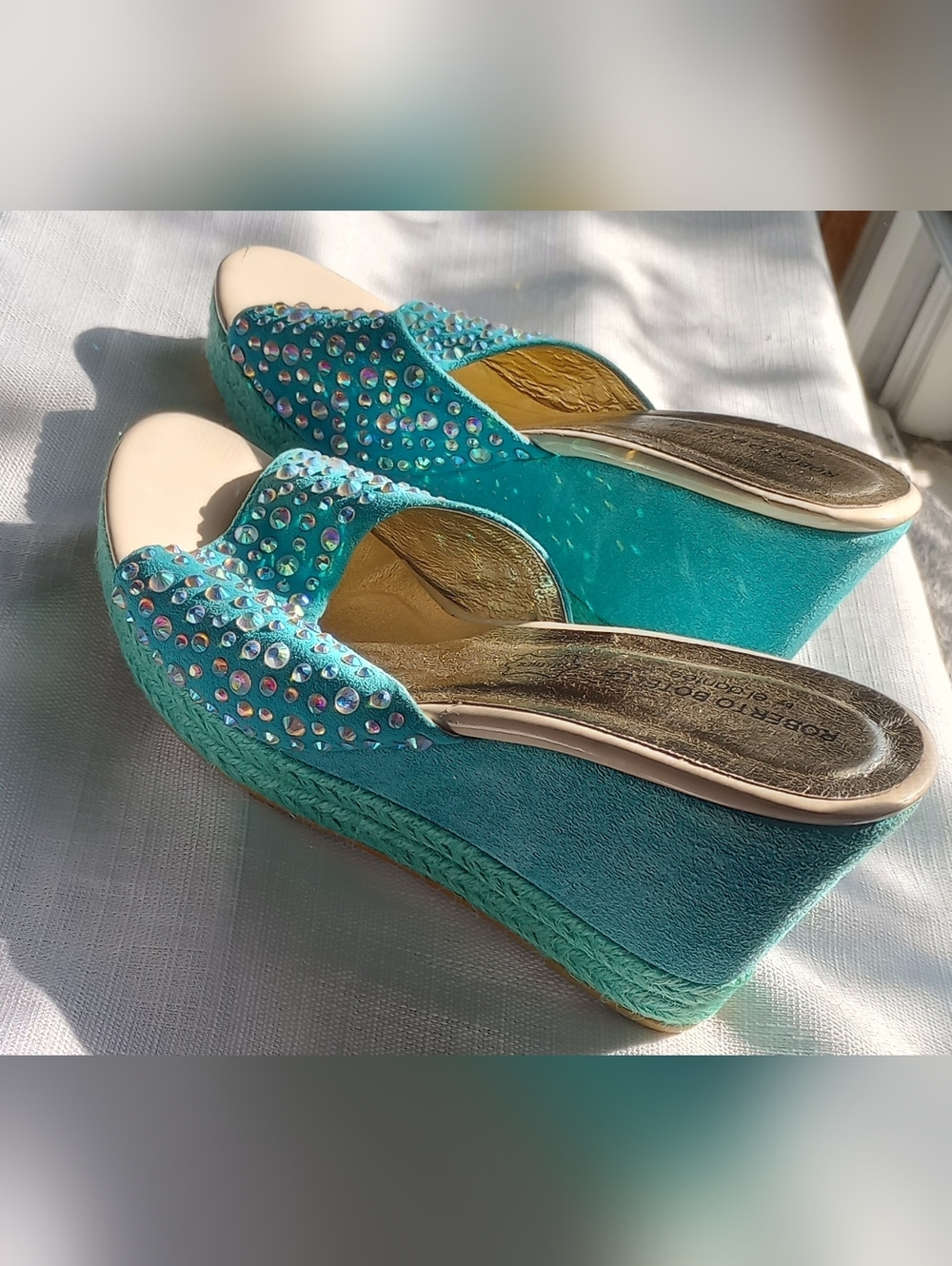Crystal Embellished Turquoise Wedge Slides for Women - Picture 3 of 9